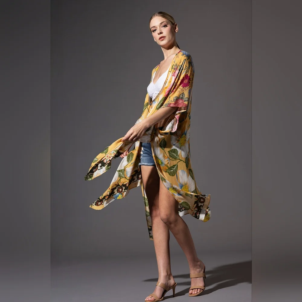 Soft & Silky Kimono - Colorful Floral Print - Dark Floral Border - Lightweight - Picture 4 of 7